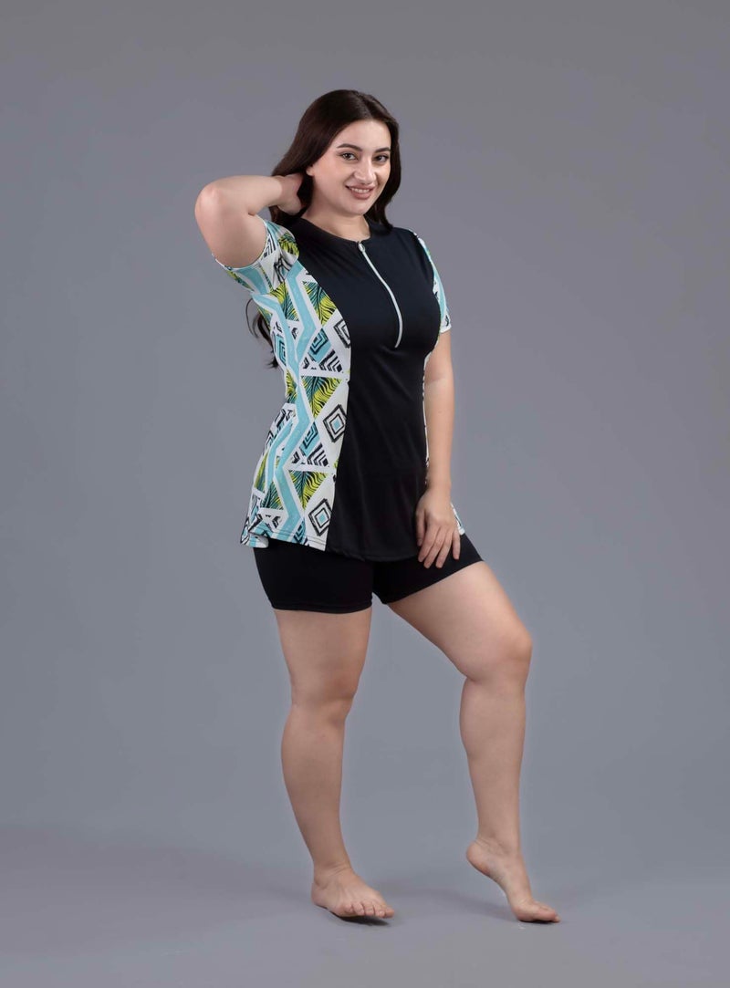 Keepfit Printed Medium Coverage geomatrical Printed 2 Piece Padded Plus Size Swimset for Women Turquoise Black |Swimming Suit for Women - Image 4