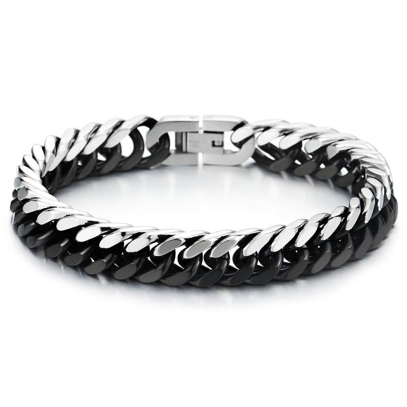 COOLSTEELANDBEYOND Mens Stainless Steel Silver Black Two-tone Curb Chain Bangle Bracelet, Polished - Image 1
