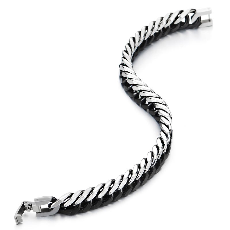 COOLSTEELANDBEYOND Mens Stainless Steel Silver Black Two-tone Curb Chain Bangle Bracelet, Polished - Image 5