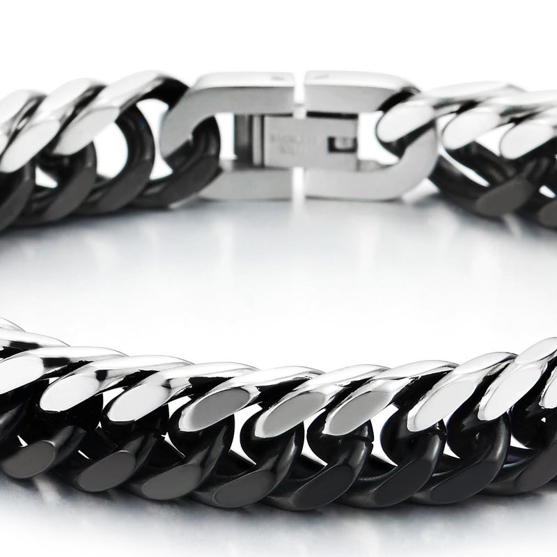COOLSTEELANDBEYOND Mens Stainless Steel Silver Black Two-tone Curb Chain Bangle Bracelet, Polished - Image 3