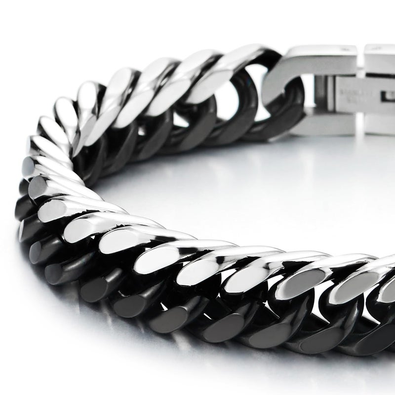 COOLSTEELANDBEYOND Mens Stainless Steel Silver Black Two-tone Curb Chain Bangle Bracelet, Polished - Image 4