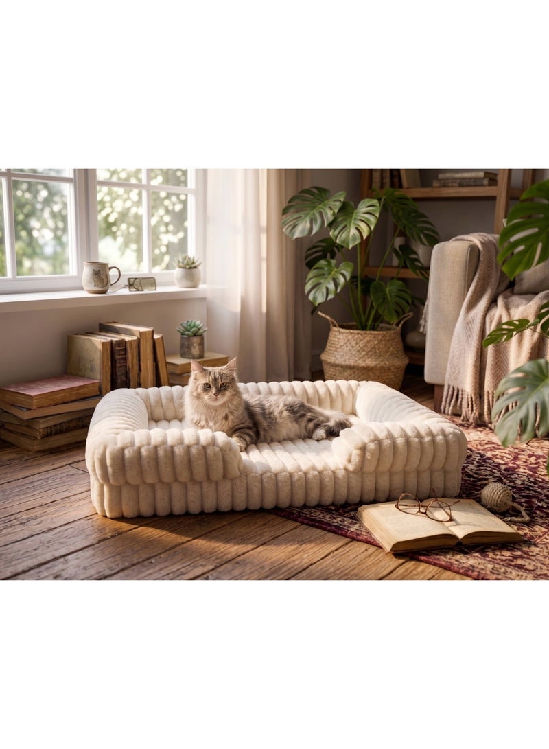 Pet Bed - Large Cat Bed Sofa - Washable Orthopedic Cat Beds and Couch with Removable Flannel Cover,Suitable for Maine Coons，Squre Pet Bed Fits up to 30kg,Cream,89cm - Image 1