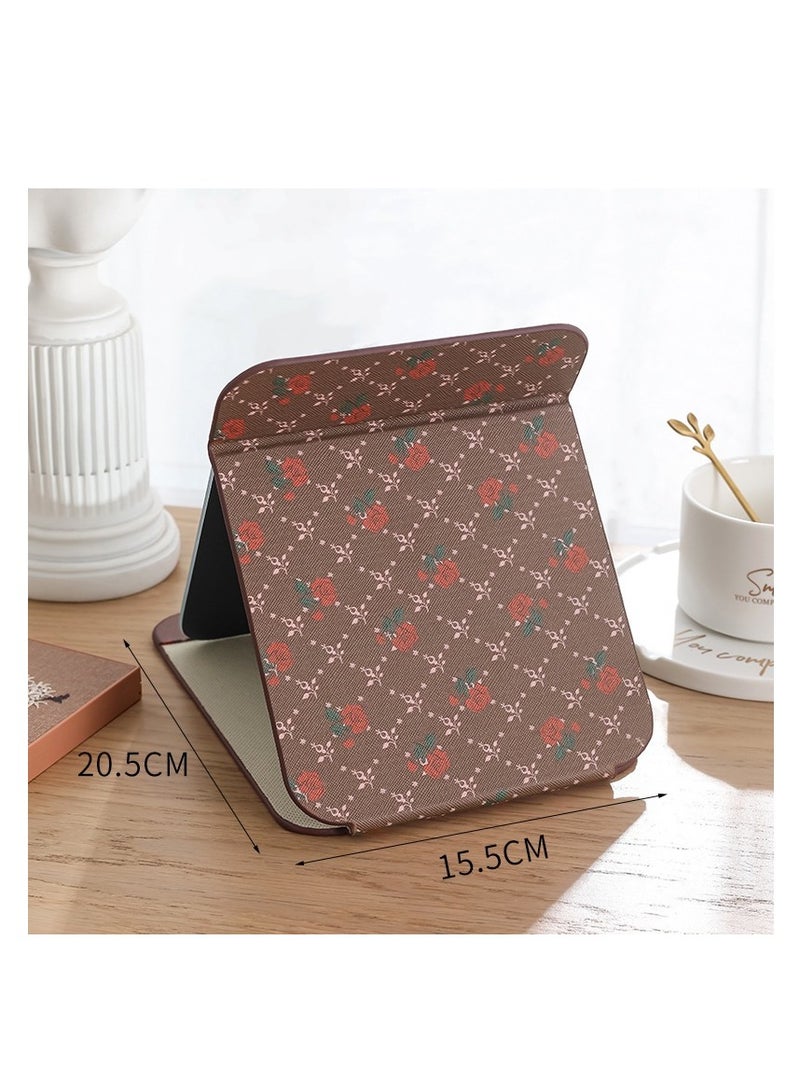 Folding Desktop Makeup Mirror PU Portable Vintage Rose Pattern Mirror - Image 2
