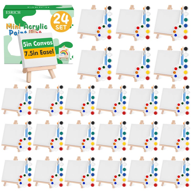 ESRICH 24 Set Mini Acrylic Paint Kit, 5in Mini Stretched Canvas with 7.5in Easel,Acrylic Paint Strips, Paint Palettes, Painting Brushes, Small Canvas and Easel Set for Artists Beginner, Gift - Image 1