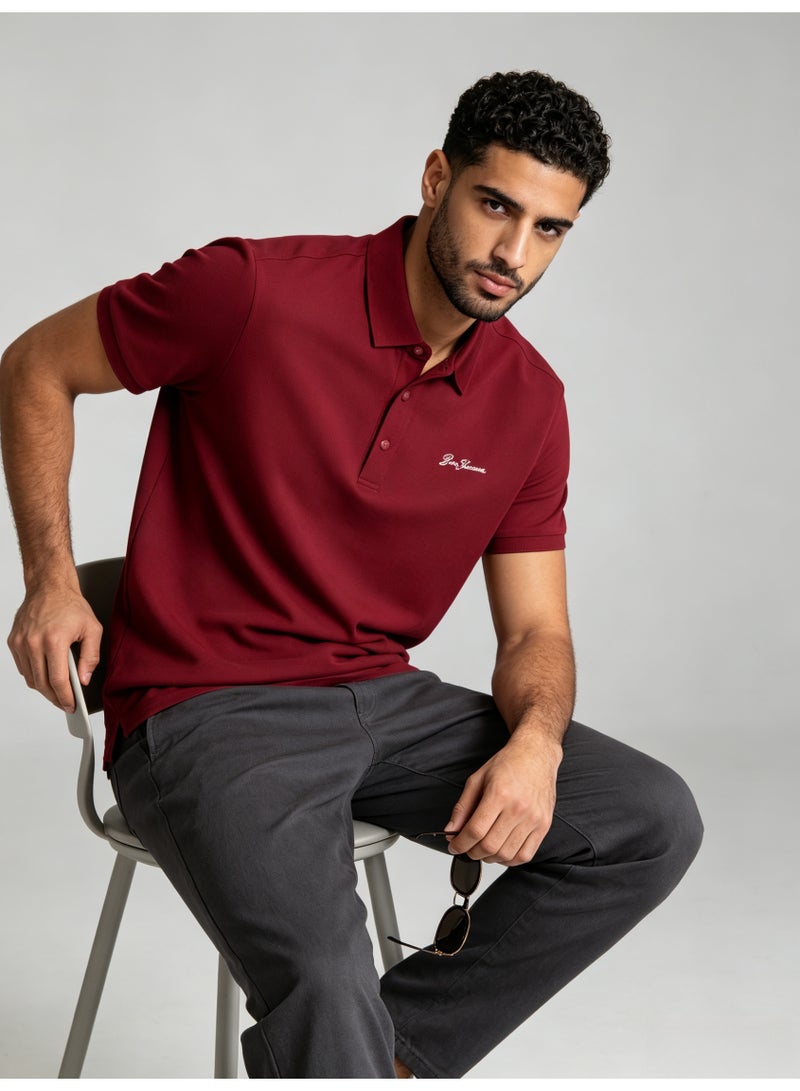 بين شيرمان Ben Sherman Men’s Burgundy Solid Embroidered Short Sleeve Polo Shirt - Image 2
