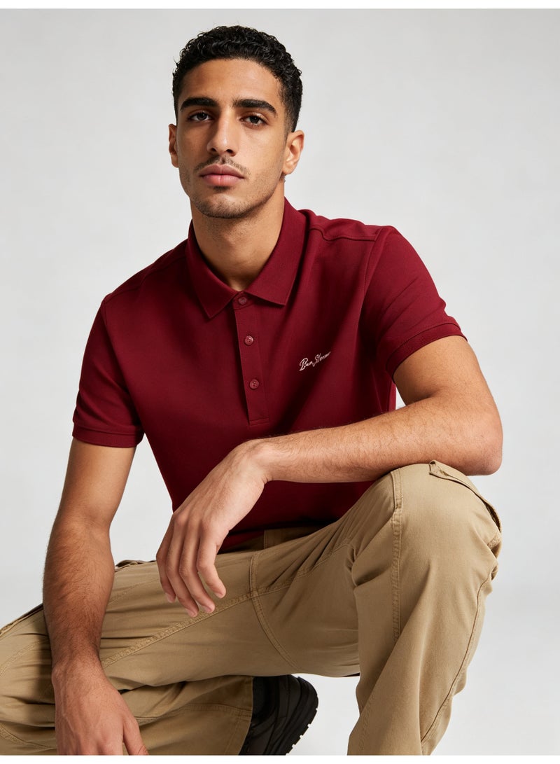 بين شيرمان Ben Sherman Men’s Burgundy Solid Embroidered Short Sleeve Polo Shirt - Image 4