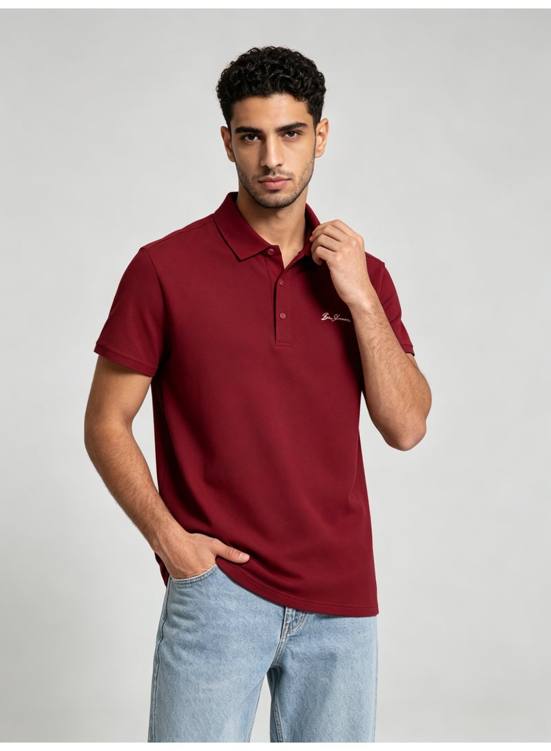 بين شيرمان Ben Sherman Men’s Burgundy Solid Embroidered Short Sleeve Polo Shirt - Image 3