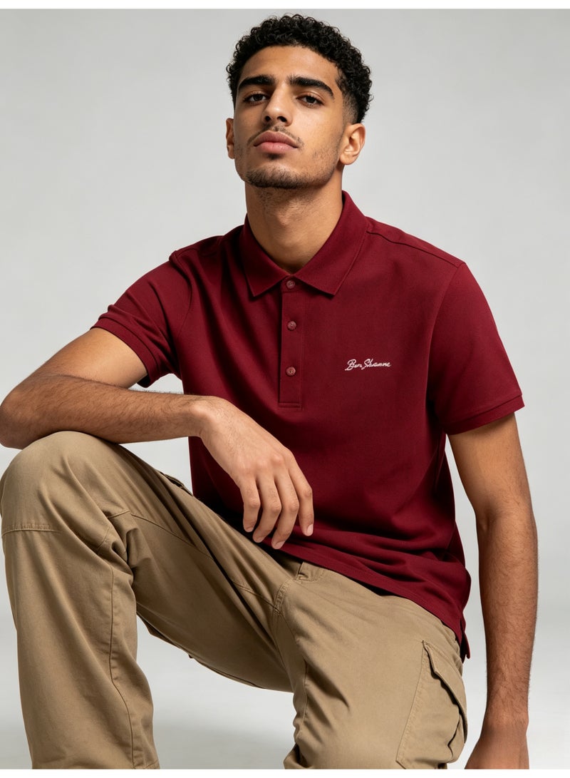 بين شيرمان Ben Sherman Men’s Burgundy Solid Embroidered Short Sleeve Polo Shirt - Image 1