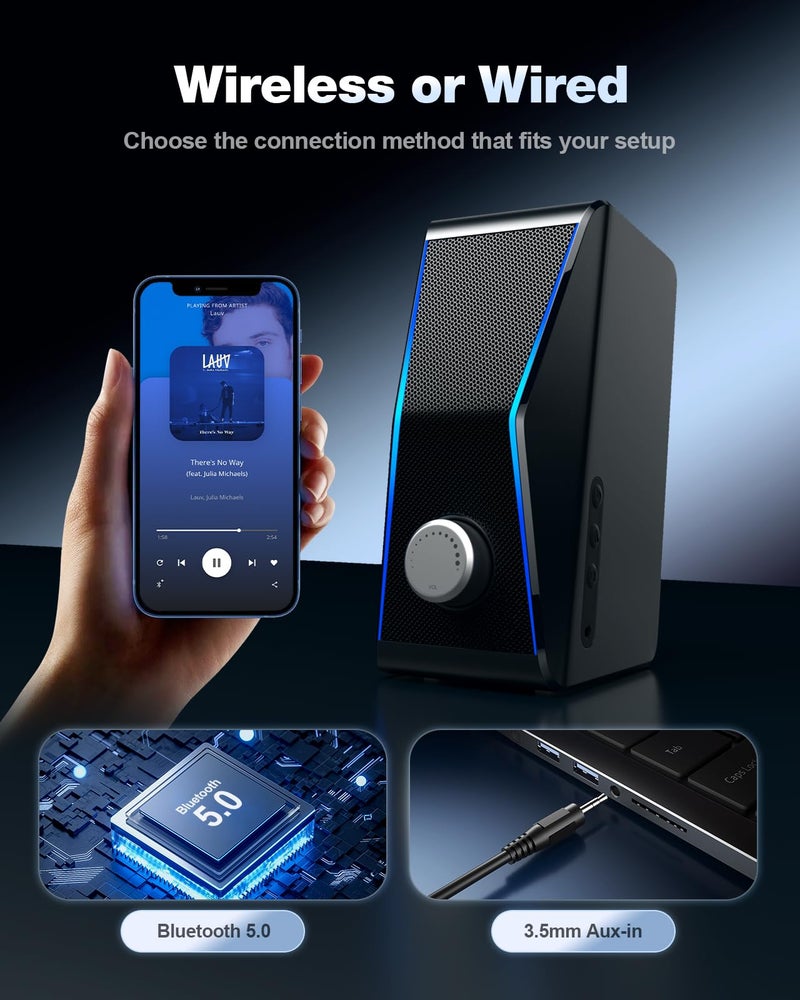 Nylavee Computer Speakers, Hi-Fi Stereo Sound PC Speakers with Bluetooth 5.0 and 3.5mm AUX-in, 14W AC Powered, Built-in Equalizer Modes and RGB Lights for Desktop PC, Monitor, Laptop, PS5, Xbox - Image 4