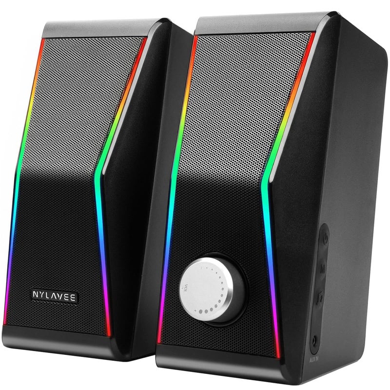 Nylavee Computer Speakers, Hi-Fi Stereo Sound PC Speakers with Bluetooth 5.0 and 3.5mm AUX-in, 14W AC Powered, Built-in Equalizer Modes and RGB Lights for Desktop PC, Monitor, Laptop, PS5, Xbox - Image 1