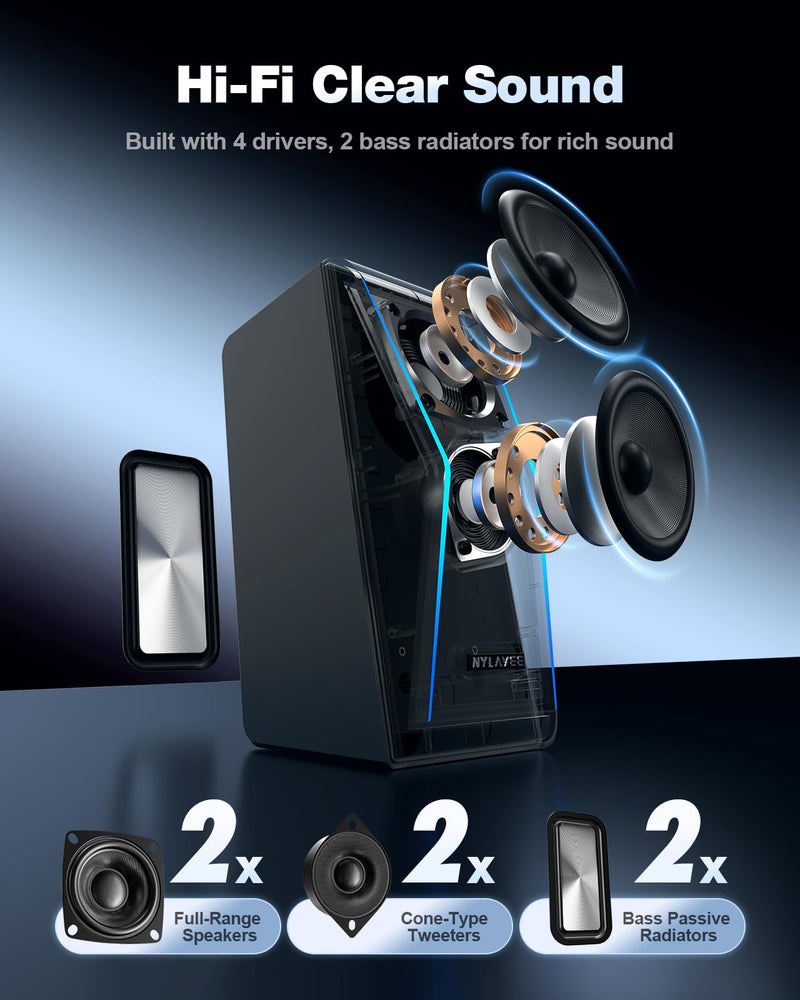 Nylavee Computer Speakers, Hi-Fi Stereo Sound PC Speakers with Bluetooth 5.0 and 3.5mm AUX-in, 14W AC Powered, Built-in Equalizer Modes and RGB Lights for Desktop PC, Monitor, Laptop, PS5, Xbox - Image 2
