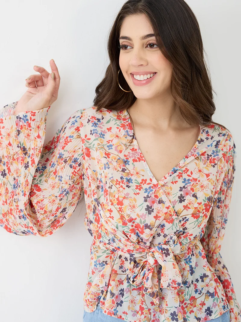 جلو باص بلوزة جلوبس نسائية بطبعات زهور وأكمام واسعة