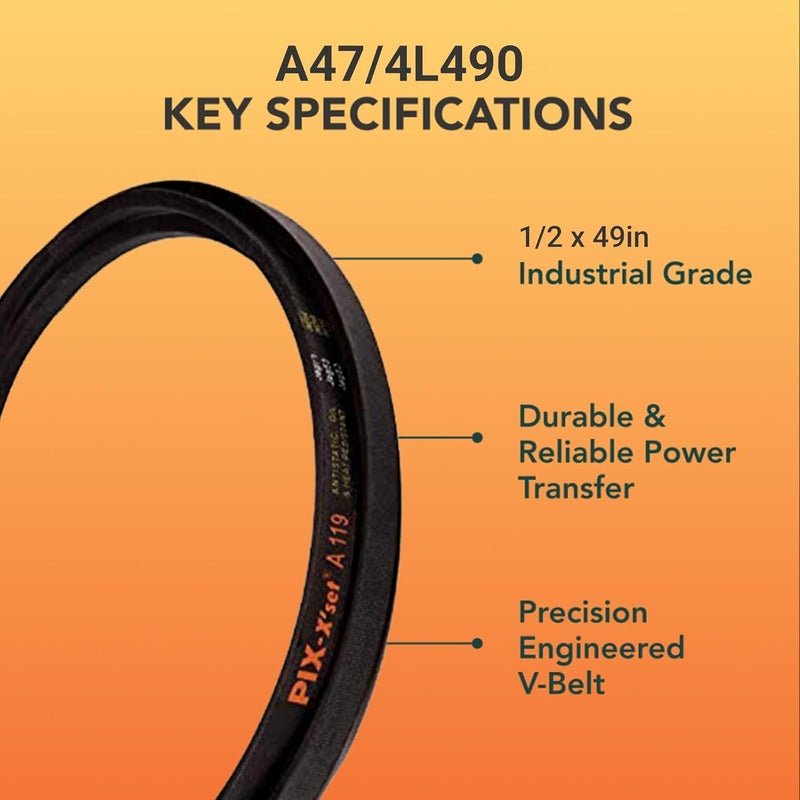 Pix A47/4L490 Wrapped Construction V-Belt, 49" OC | A/4L Section, 1/2" Width | Heavy-Duty Rubber Drive Belt for Generators, Compressors, Pumps, Crushers, Blowers, & Rolling Mills - Image 2