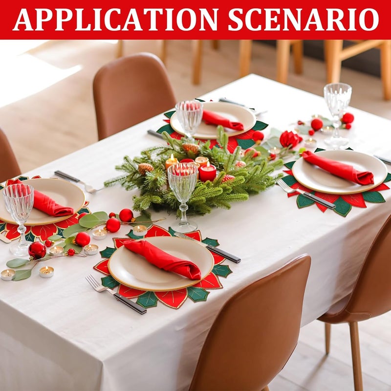 Ziliny 6 Pcs Christmas Poinsettia Embroidered Placemats  Double Layer Doilies Table Mats Red Flower Applique for Xmas Home Dining - Image 2