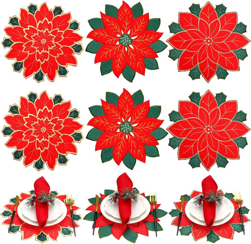 Ziliny 6 Pcs Christmas Poinsettia Embroidered Placemats  Double Layer Doilies Table Mats Red Flower Applique for Xmas Home Dining - Image 1