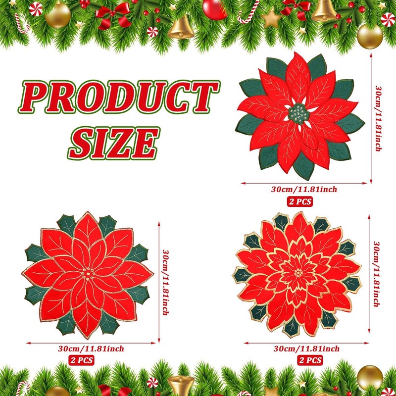 Ziliny 6 Pcs Christmas Poinsettia Embroidered Placemats  Double Layer Doilies Table Mats Red Flower Applique for Xmas Home Dining - Image 3