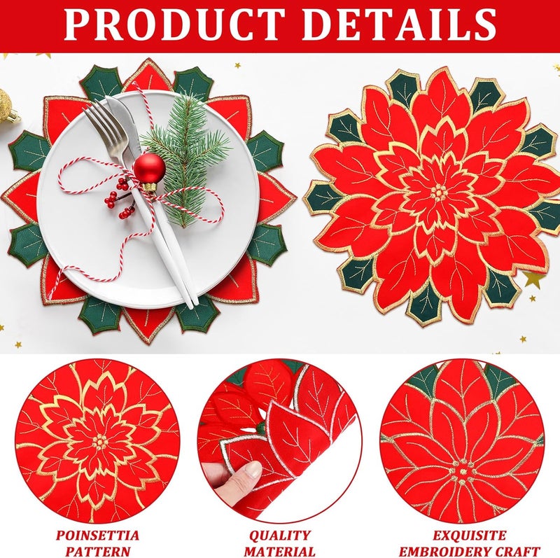Ziliny 6 Pcs Christmas Poinsettia Embroidered Placemats  Double Layer Doilies Table Mats Red Flower Applique for Xmas Home Dining - Image 5