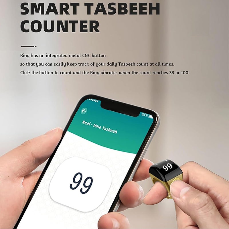 كيوايو خاتم ذكي للتسبيح والتذكير، عداد تسجيل بقياس 22 مم، شاشة رقمية بحجم 0.49 بوصة، قابل لإعادة الشحن عبر USB (اللون الذهبي، قياس 22 مم) - Image 5