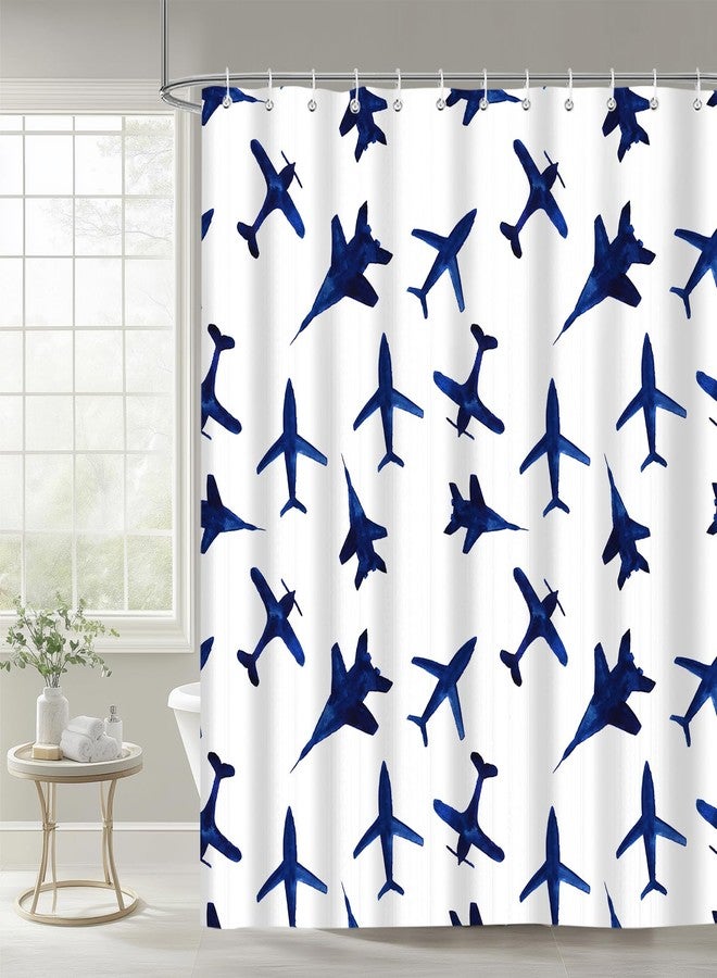 iTapnoom Blue Airplanes Travel Shower Curtain, Aircraft Fighter Minimalist Modern Theme Decor for Bathtub Bathroom Set, Waterproof Polyester Cloth Fabric with 12 Hooks,72x72 Inch - Image 2