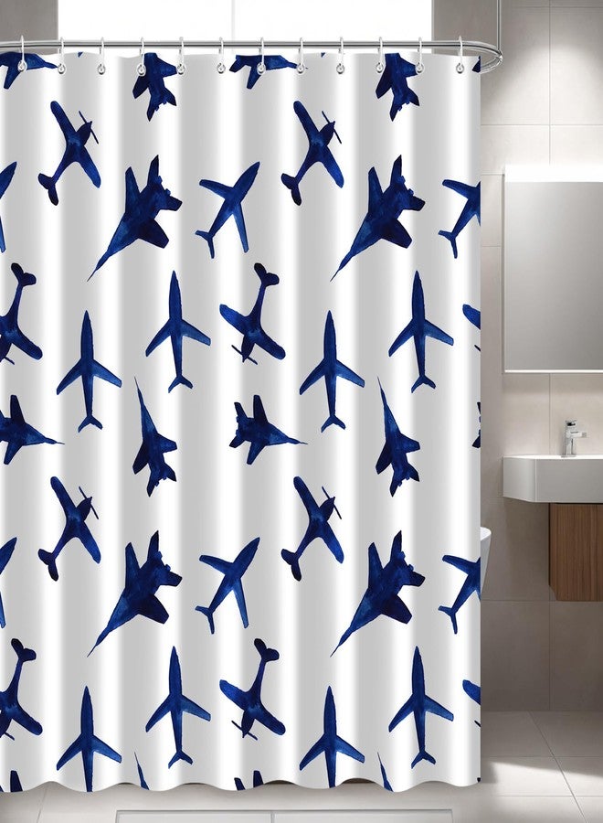 iTapnoom Blue Airplanes Travel Shower Curtain, Aircraft Fighter Minimalist Modern Theme Decor for Bathtub Bathroom Set, Waterproof Polyester Cloth Fabric with 12 Hooks,72x72 Inch - Image 1