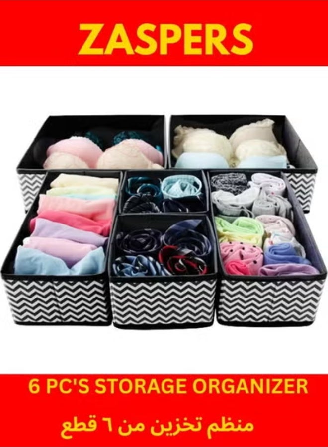 زيسبرس منظم خزانة قابل للطي من 6 قطع - قاعدة سوداء مع خطوط شيفرون بيضاء، 2 درج صغير + 2 متوسط ​​+ 2 كبير - مثالي للملابس الداخلية والجوارب والربطات وملابس الأطفال والمزيد - قماش غير منسوج، مقاوم للرطوبة، متين وموفر للمساحة - Image 2