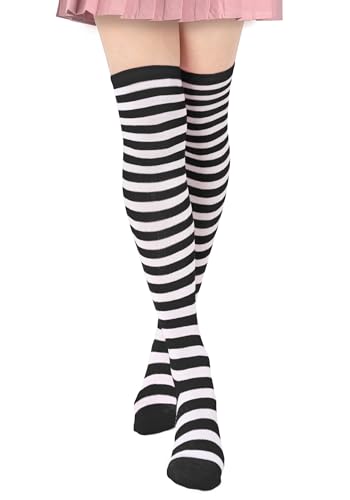 DAZCOS Striped Thigh High Socks Elastic Over The Knee Knit Stockings for Daily or Anime Robber Cosplay (Black+White) - Image 1