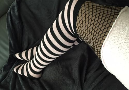 DAZCOS Striped Thigh High Socks Elastic Over The Knee Knit Stockings for Daily or Anime Robber Cosplay (Black+White) - Image 4