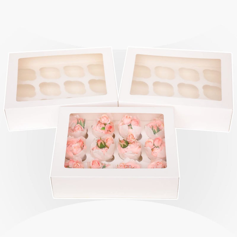qiqee Auto-pop Up Cupcake Boxes with Window White 40PCS 12 Count Cupcake Box 13"x10"x3.5" Cupcakes Carrier, 12 Cupcake Containers with 2 rolls of pink ribbons - Image 5