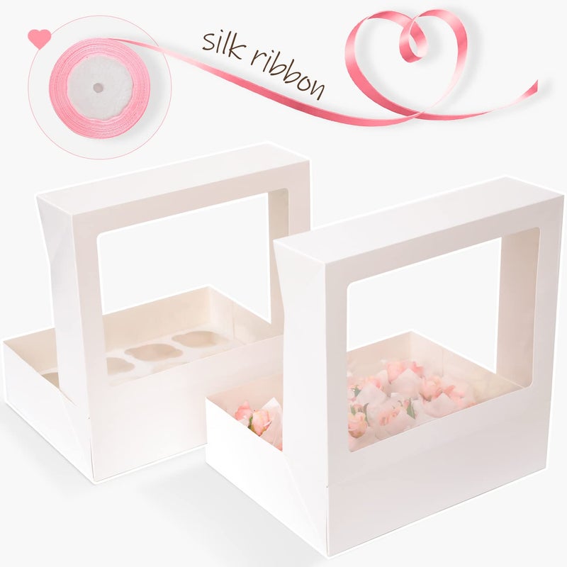 qiqee Auto-pop Up Cupcake Boxes with Window White 40PCS 12 Count Cupcake Box 13"x10"x3.5" Cupcakes Carrier, 12 Cupcake Containers with 2 rolls of pink ribbons - Image 4