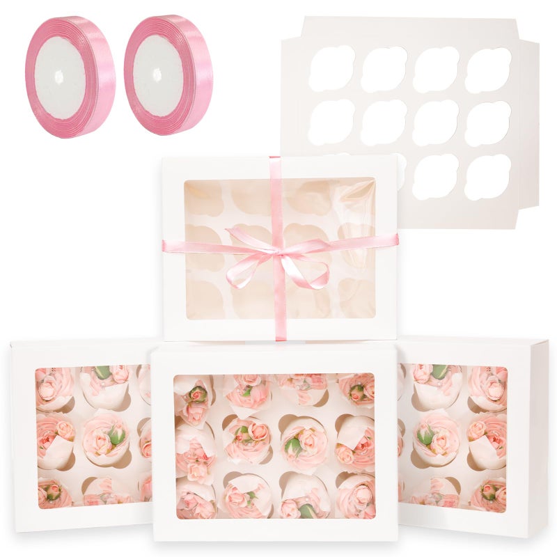qiqee Auto-pop Up Cupcake Boxes with Window White 40PCS 12 Count Cupcake Box 13"x10"x3.5" Cupcakes Carrier, 12 Cupcake Containers with 2 rolls of pink ribbons - Image 1