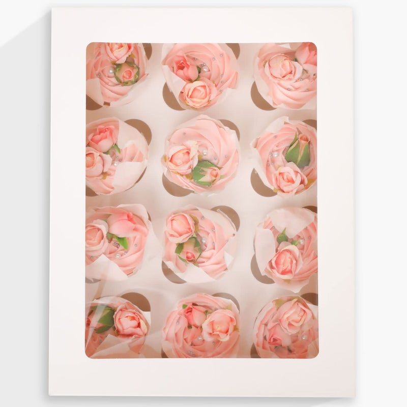 qiqee Auto-pop Up Cupcake Boxes with Window White 40PCS 12 Count Cupcake Box 13"x10"x3.5" Cupcakes Carrier, 12 Cupcake Containers with 2 rolls of pink ribbons - Image 2
