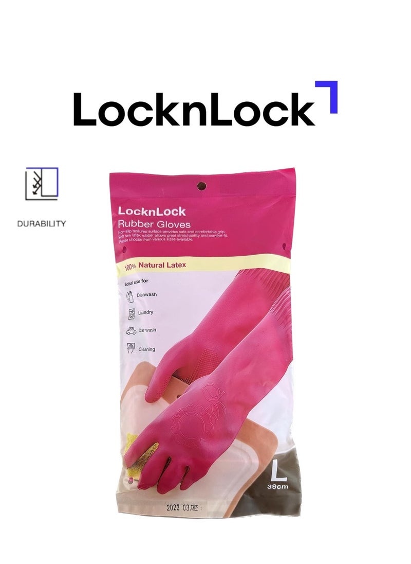 LOCK & LOCK LocknLock Pink Rubber Gloves (39cm): Non-Slip Grip, Comfortable Fit, Ideal for Household Cleaning  - Image 1