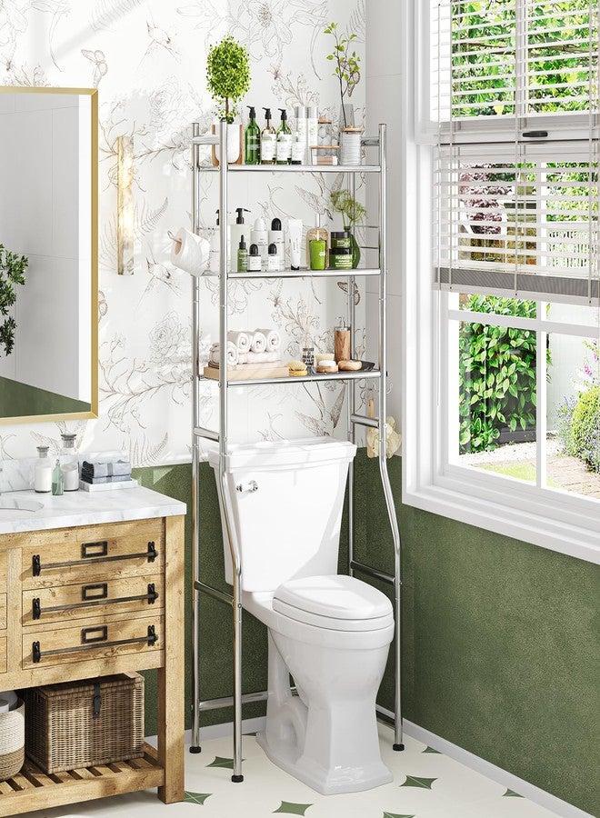 Simple Trending 3 Tier Over The Toilet Rack, Bathroom Shelves with 4 Hooks and Paper Holder, Bathroom Stand Organizer Space Saver, Chrome - Image 1