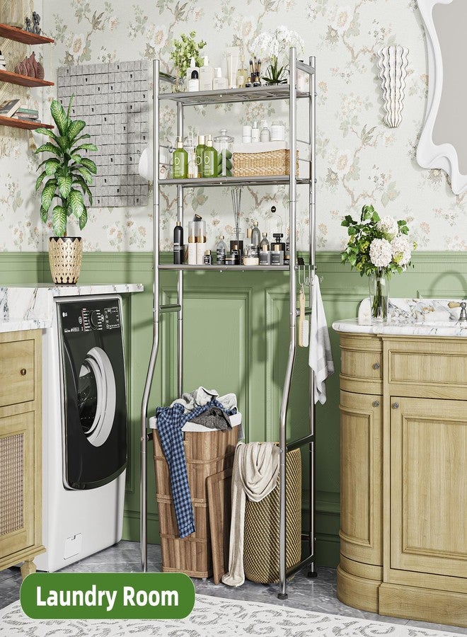 Simple Trending 3 Tier Over The Toilet Rack, Bathroom Shelves with 4 Hooks and Paper Holder, Bathroom Stand Organizer Space Saver, Chrome - Image 3
