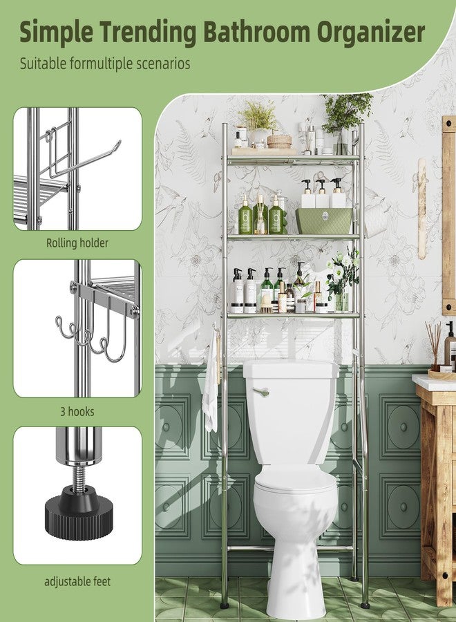 Simple Trending 3 Tier Over The Toilet Rack, Bathroom Shelves with 4 Hooks and Paper Holder, Bathroom Stand Organizer Space Saver, Chrome - Image 5