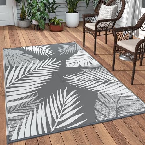 GENIMO Outdoor Rug 3' x 5' Waterproof for Patios Clearance, Reversible Outdoor Plastic Straw Camping Rug Carpet, Large Area Rugs Mats for RV, Camper, Deck, Balcony, Porch, Beach, Picnic, Grey&White - Image 1