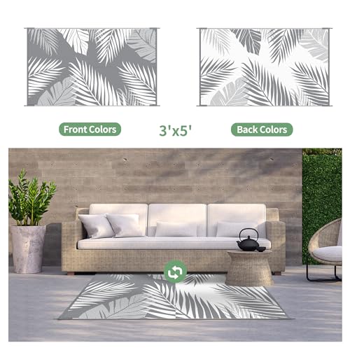 GENIMO Outdoor Rug 3' x 5' Waterproof for Patios Clearance, Reversible Outdoor Plastic Straw Camping Rug Carpet, Large Area Rugs Mats for RV, Camper, Deck, Balcony, Porch, Beach, Picnic, Grey&White - Image 2
