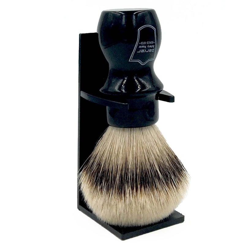 Parker Safety Razor Parker 100 Silvertip Badger Mug Shaving Brush with Brush Stand Extra Dense and Extra Soft Bristles Long Handle is Perfect for use with Your Shaving Mug BLACK