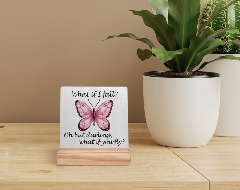 EIONEY What If I Fall Oh but Darling What If You Fly Inspirational Wood Plaque with Wooden Stand,Motivational Butterfly Wooden Plaque Sign Desk Decor for Home Girls Room Office Table Shelf Decoration - Image 2