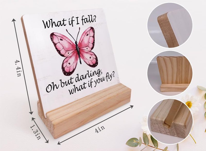 EIONEY What If I Fall Oh but Darling What If You Fly Inspirational Wood Plaque with Wooden Stand,Motivational Butterfly Wooden Plaque Sign Desk Decor for Home Girls Room Office Table Shelf Decoration - Image 5