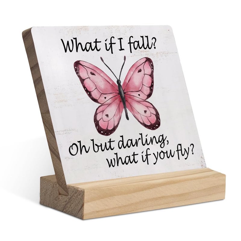 EIONEY What If I Fall Oh but Darling What If You Fly Inspirational Wood Plaque with Wooden Stand,Motivational Butterfly Wooden Plaque Sign Desk Decor for Home Girls Room Office Table Shelf Decoration - Image 1