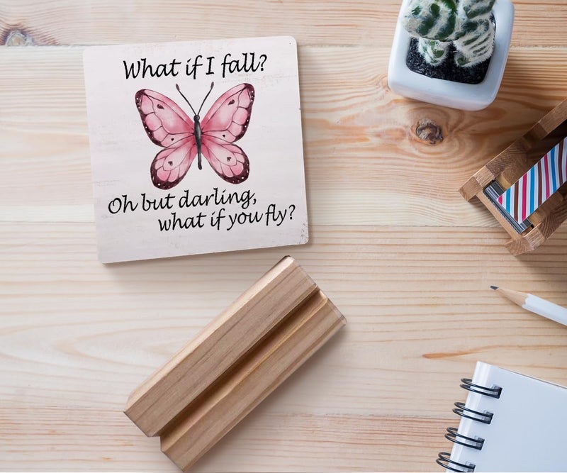 EIONEY What If I Fall Oh but Darling What If You Fly Inspirational Wood Plaque with Wooden Stand,Motivational Butterfly Wooden Plaque Sign Desk Decor for Home Girls Room Office Table Shelf Decoration - Image 4