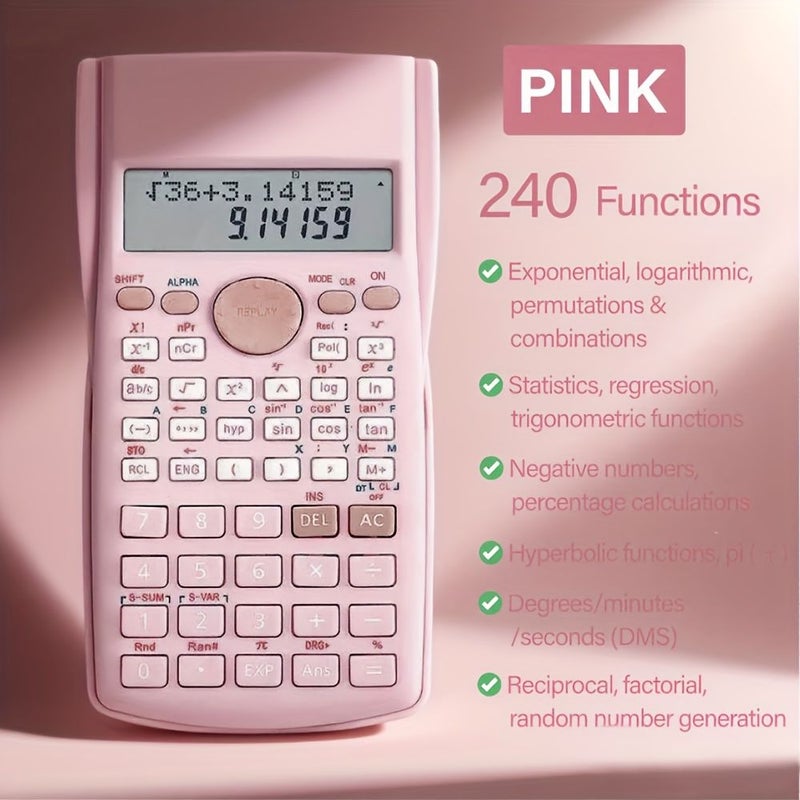 Rose Quartz Scientific Calculator 240 Functions Two Line Screen Exam Approved - Image 1