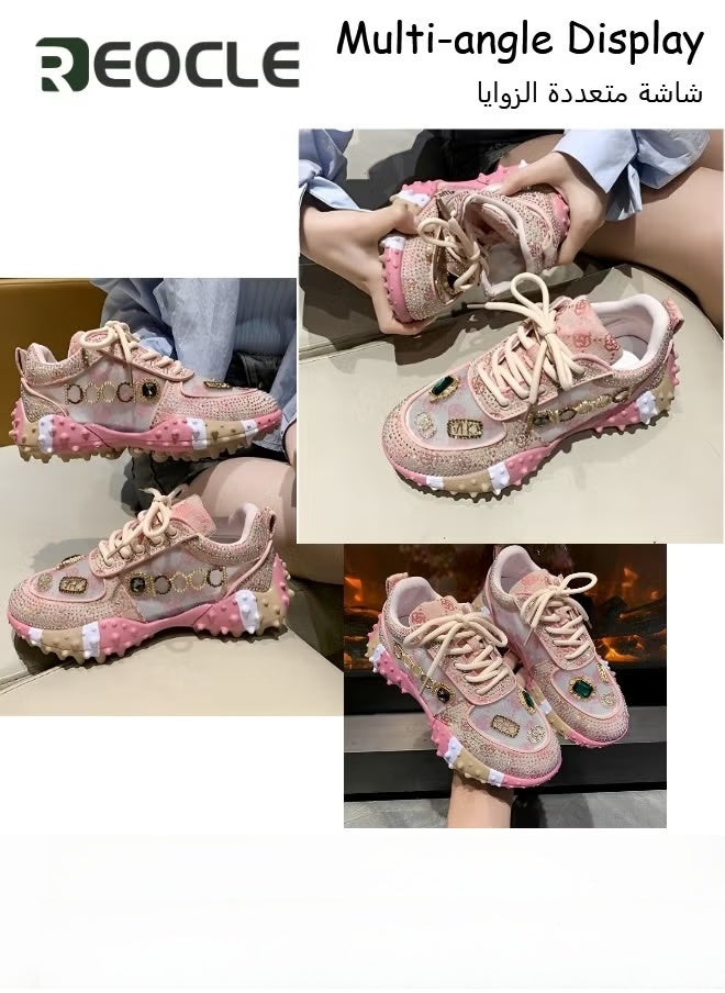 ريوكل حذاء رياضي نسائي سميك بنعل سميك مع أحجار الراين حذاء رياضي كاجوال شبكي جديد مريح برباط للمشي - Image 2