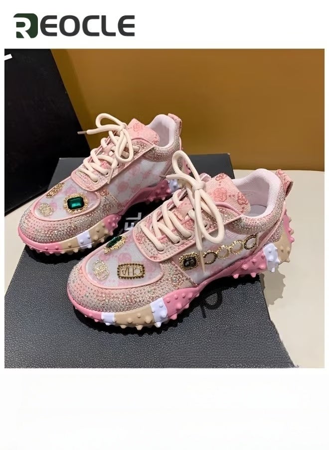 ريوكل حذاء رياضي نسائي سميك بنعل سميك مع أحجار الراين حذاء رياضي كاجوال شبكي جديد مريح برباط للمشي - Image 1