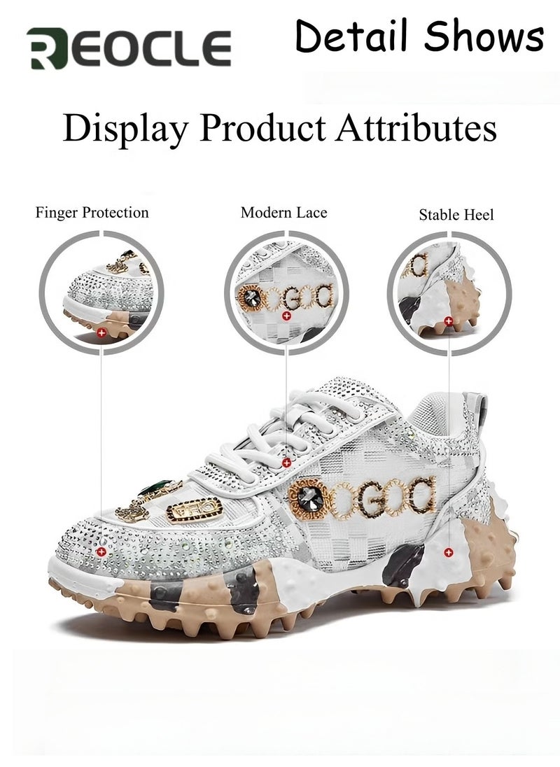 ريوكل حذاء رياضي نسائي سميك بنعل سميك مع أحجار الراين حذاء رياضي كاجوال شبكي جديد مريح برباط للمشي - Image 3