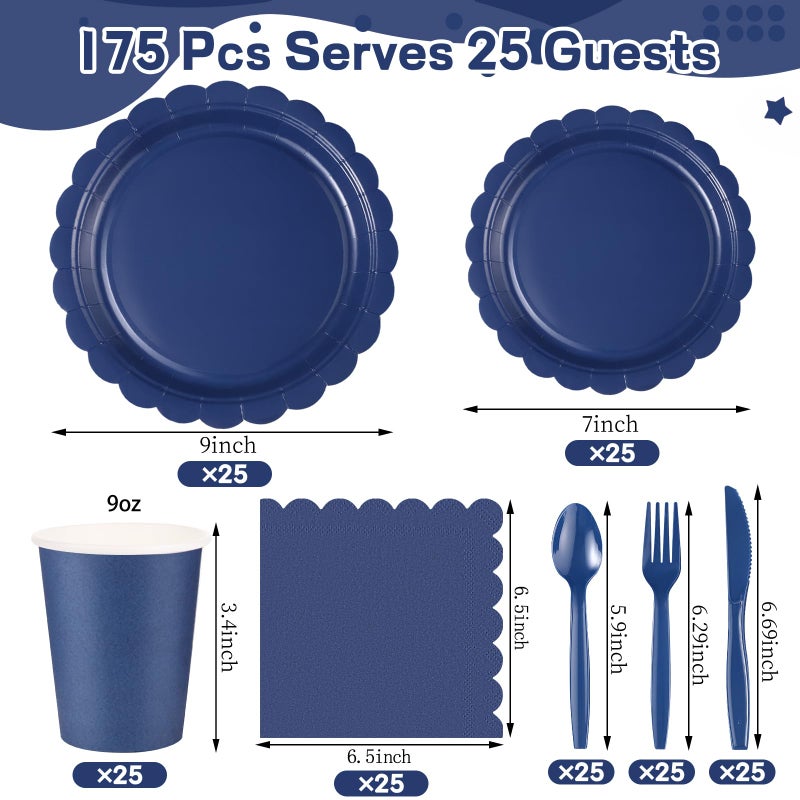 Xiangqu 175 Pcs Navy Blue Plates and Napkins  25 Guest Navy Blue Graduation Party Supplies Inlcude Scalloped Navy Plates Napkins Cups Plastic Cutlery for Birthday  Graduations  Wedding - Image 2
