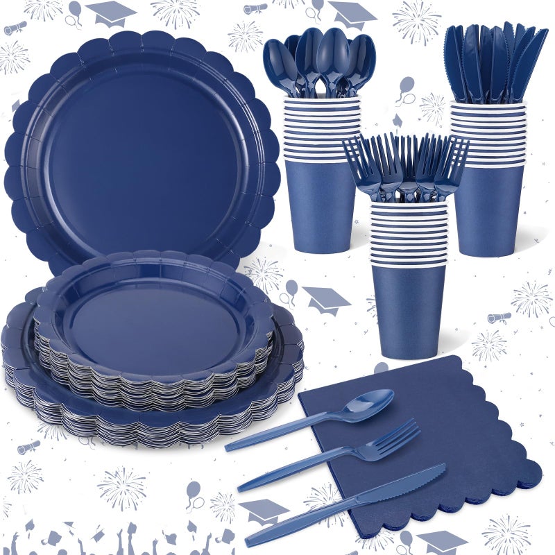 Xiangqu 175 Pcs Navy Blue Plates and Napkins  25 Guest Navy Blue Graduation Party Supplies Inlcude Scalloped Navy Plates Napkins Cups Plastic Cutlery for Birthday  Graduations  Wedding - Image 1