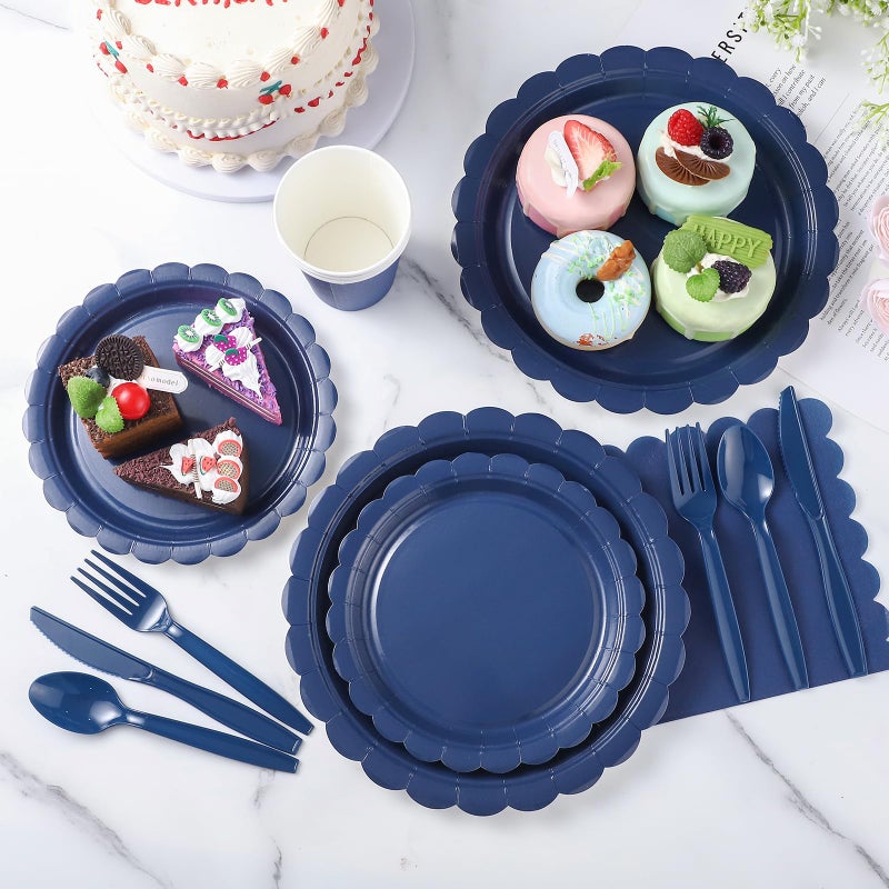 Xiangqu 175 Pcs Navy Blue Plates and Napkins  25 Guest Navy Blue Graduation Party Supplies Inlcude Scalloped Navy Plates Napkins Cups Plastic Cutlery for Birthday  Graduations  Wedding - Image 5