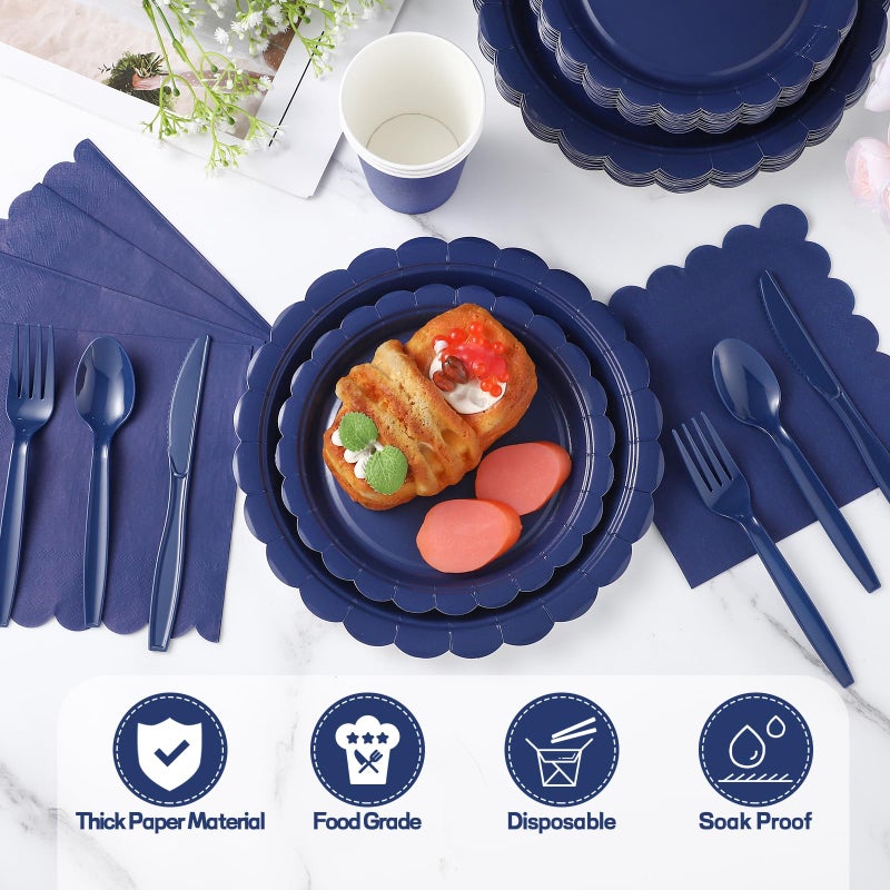 Xiangqu 175 Pcs Navy Blue Plates and Napkins  25 Guest Navy Blue Graduation Party Supplies Inlcude Scalloped Navy Plates Napkins Cups Plastic Cutlery for Birthday  Graduations  Wedding - Image 3